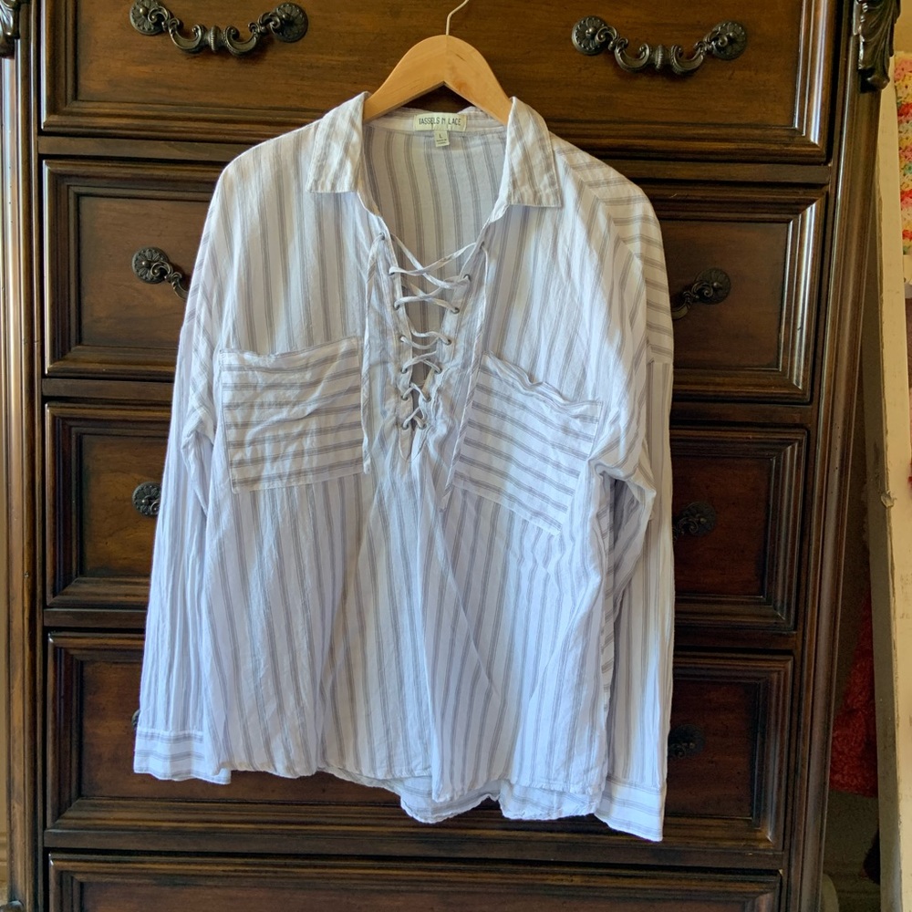 Tassels n lace - large long sleeve shirt - striped white and blue